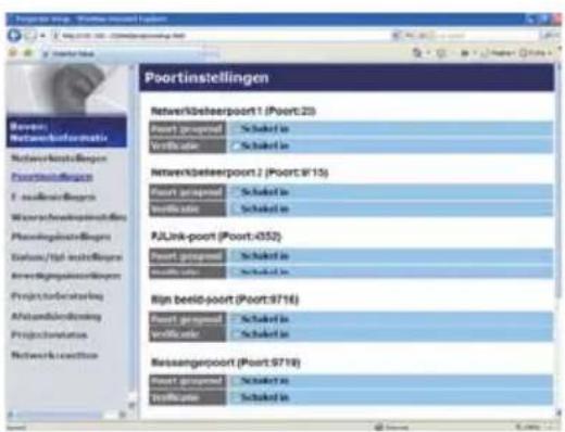 Poortinstellingen Netverkbeespoort1 (Poort:23) Pouert progrimal Schaoket in Verificatie Schaoket in Netverkbeespoort2 (Poort:915) Pouert progrimal Schaoket in Verificatie Schaoket in PJLink-poort (Poort:432) Pouert progrimal Schaoket in Verificatie Schaoket in Rijn beeld-poort (Poort:9716) Pouert progrimal Schaoket in Verificatie Schaoket in Beesangenpoort (Poort:9718) Pouert progrimal Schaoket in Verificatie Schaoket in
