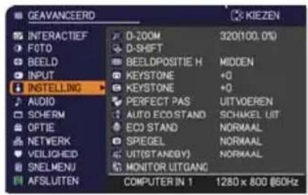 GEAVANCEERD INTERACTIEF FOTO BEELD INPUT INSTALLING AUDIO SOCHERM OPTIE NETWORK VEILICHED SNELMENU AFSLUITEN D-ZOOM 320(100.0%) D-SHFT BEELDPOSITIE H MIDDEN KEYSTONE +O KEYSTONE +O PERFECT PAS UITVOEREN AUTO ECO-STAND SCHAKEL UIT ECO STAND NORMAAL SPEGEL NORMAAL UIT(STANDGY) NORMAAL MONITOR UITGANG COMPUTER IN 1 1280 x 800 (60Hz)