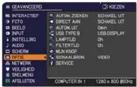 GEAVANCEERD INTERACTIEF FOTO BEELD INPUT INSTELLING AUDIO SOHERM OPTIE NETWORK VEILIGEED SNELMENU AFSLUITEN AUTOM.ZOEKEN DIRECT.AAN AUTOM.UIT USB.TYPE.B LAMPTIJD FILTERTIJD MLN.KNOP SIONAAL.BRON SERVICE SCHAKEL UIT SCHAKEL UIT 0min USB.DISPLAY Oh Oh VIDEO COMPUTER IN 1 1280 x 800 @60Hz