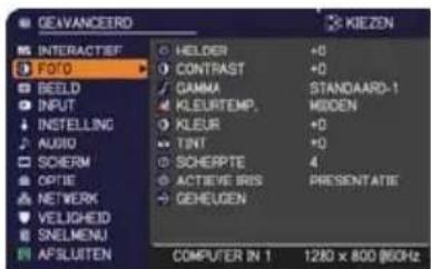 GEAVANCEIRO INTERACTIVE FOTO BEELD INPUT INSTALLING AUDIO SCHERM OPTIE NETWORK VELEIGHED SNELMENU APSLUITEN HELDER +0 CONTRAST +0 GAMMA STANDAARD-1 KLEURTEMP. HIDDEN KLEUR +0 TINT +0 SCHERPTE 4 ACTIVE IRIS PRESENTATIE GENEUGEN COMPUTER IN 1 1280 x 800 (60Hz)
