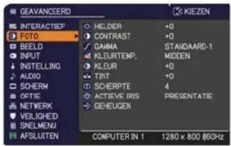 GEAVANCEERD INTERACTIEF FOTO BEELD INPUT INSTALLING AUDIO SOCHERM OPTIE NETWORK VEILIGHEID SNELMENU AFSLUITEN HELDER +0 CONTRAST +0 GAMMA STANDAARD-1 KLEURTEMP. KLEUR +0 TIRT +0 SCHERPTE 4 ACTIVE IRIS PRESENTATIE GEHEUGEN COMPUTER IN 1 1280 x 800 @60Hz