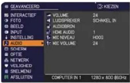 GEAVANCEERD INTERACTIEF FOTO BEELD INPUT INSTALLING AUDIO SCHERM OPTIE NETWORK VEILLED SNELMENU AFSLUITEN VOLUME 24 LUDSPREKER SCHAKEL IN AUDIOBRON HDMI AUDIO 1 MIC NIVEAU HOOG MIC VOLUME 24 COMPUTER IN 1 1280 x 800 @60Hz