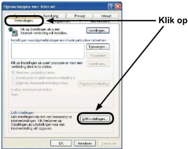 Eigenschappen voor Internet Verbinden Klik op Instellingen als u een Internet-verbinding wit instellen. Instellingen voor ingelverbindingen en virtue parcoliere netwerken Toeworgen... Verzidieren... Instellingen... Klik op Instellingen als u een proxyserver voor een verbinding dient in ta stalen. Nock een verbinding kizen Nieten godre er geen netwerkverbinding is Ahljd min standaardverbinding kizen Standaatverbinding Hurdige standaardverbinding: Geen LAN-instellungen LAN-instellungen zijn niet van toepassing op inbelverbindingen. Klik herboven op Instellingen als u instellingen voor een inbelverbinding wit opgeven. LAN-instellungen... OK Annulieren Toepassen Klik op