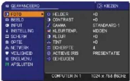 GEAVANCEERD FOTO BEELD INPUT INSTALLING SCHERM OPTIE NETWORK VEILIGHEID SNELMENU AFSLUTEN HOLDER +0 CONTRAST +0 GANIA STANDAARD-1 KLEURTEMP. MIDDEN KLEUR +0 TINT +0 SCHERPTE 4 ACTIEVE IRIS PRESENTATIE GEHEUCEN COMPUTER IN 1 1024 x 768 @60Hz