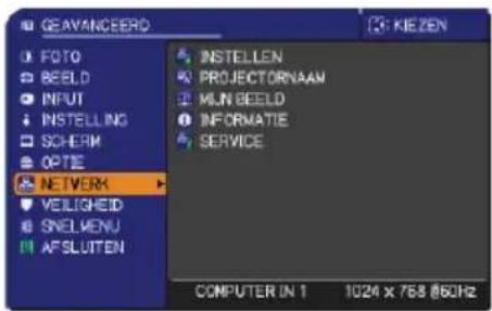 GEAVANCEERO FOTO BEELD INPUT INSTALLING SCHERM OPTIE NETWORK VEILIGEED SNELMENU AFSLUTEN INSTELEN PROJECTORNAAM MLN BEELD INFORMATIE SERVICE COMPUTER IN 1 1024 X 768 @60Hz