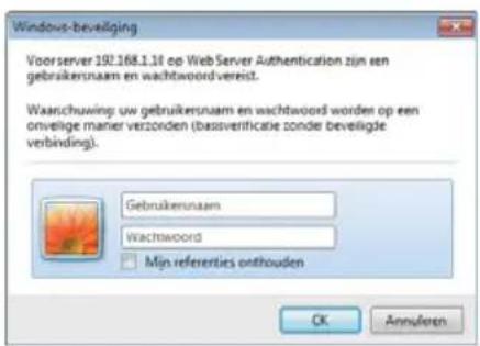 Windows-beveiliging Voorserver 192.168.1.18 op Web Server Authentication zijn een gebruikerunaam en wachtwoord vereist. Waatschuwing: uw gebruikersnaam en wachtwoord worden op een onvilige maner verzonden (bassverificatie zonder beveiligde verbinding). Gebruikerunaam Wachtwoord Min referenties onthouden OK Annuillen
