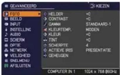 GEAVANCEERD FOTO BEELD INPUT INSTALLING AUDIO SCHERM OPTIF NETWORK VELIGHEID SNELMENU AFSLUITEN HELDER +0 CONTRAST +0 GAMMA STANDAARD-1 KLEURTEMP. KLEUR +0 TINT +0 SCHERPITE 4 ACTIVE IRIS PRESENTATIE GEHEUGEN COMPUTER IN 1 1024 x 768 860Hz
