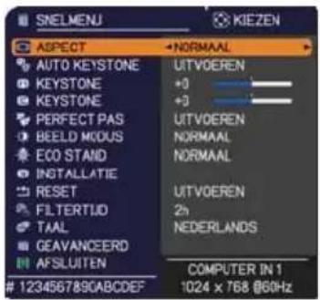 SNELMENU KIEZEN ASPECT NORMAAL AUTO KEystone +0 + 3 PERFECT PAS NORMAAL BEELD MODUS NORMAAL ECO STAND NORMAAL INSTALLATIE RESET NEMAAL FILTERTUD 2h TAAL GEAVANCEERD NEDERLANDS AFSLUITEN COMPUTER IN 1 1234567890ABCDEF 1024 x 768 @60Hz