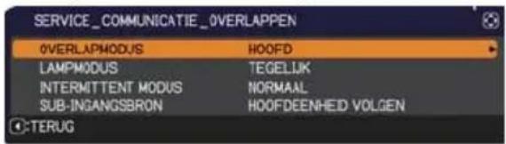 SERVICE_COMMUNICATIE_0VERLAPPEN OVERLAPMODUS HOOFD LAMPMODUS TEGEJJK INTERMITTENT MODUS NORMAAL SUB-INGANGSBRON HOOFDEENHEID VOLGEN -TERUG