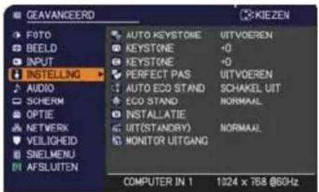 GEAVANCEERD FOTO BEELD INPUT INSTALLING AUDIO SCHERM OPTIE NETWORK VEILIGEED SNELMENU AFSLUITEN AUTO KEYSTONE KEYSTONE PERFECT PAS AUTO ECO STAND ECO STAND INSTALLATIE UIT(STANDRY) MONITOR UITGANG AUTIVEEREN +0 +0 UITVEEREN SCHAKEL UIT NORMAAL NORMAAL COMPUTER IN 1 1924 x 768 @60Hz