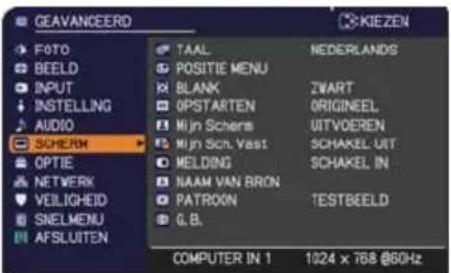 GEAVANCEERD FOTO BEELD INPUT INSTALLING AUDIO SCHERM OPTIE NETWERK VEILIGHEID SNELMENU AFSLUITEN TAAL POSITIE MENU BLANK OPSTARTEN Mijn Scherm Mijn Sch. Vast MELDING NAAM VAN BRON PATROXIN G.B. NEDERLANDS ZWART ORIGINEEL UITVOEREN SCHAKEL UIT SCHAKEL IN TESTBEELD COMPUTER IN 1 1024 x 768 @60Hz