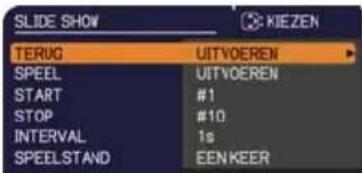 SLIDE SHOW KIEZEN TERUG UITVOEREN SPEEL UITVOEREN START #1 STOP #10 INTERVAL 1s SPEELSTAND EEN KEER