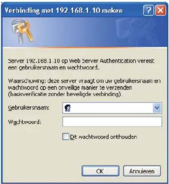 Verbinding met 192.168.1.10 maken Server 192.168.1.10 op Web Server Authentication vereist een gebruikersnaam en wachtwoord. Waarschuwing: deze server vraagt om uw gebruikersnaam en wachtwoord op een onveilige manier te verzenden (basisverificabe zonder beveiligde verbinding). Gebruikersnaam: Wachtwoord: Dt wachtwoord onthouden OK Annuieren