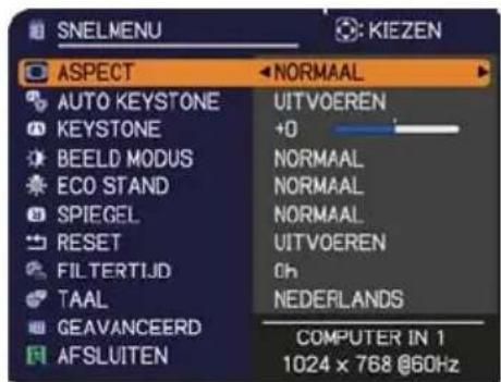 SNELMENU KIEZEN ASPECT NORMAAL AUTO KEYSTONE KEystone BEELD MODUS ECO STAND SPIEGEL RESET FILTERTIJD TAAL GEAVANCEERD AFSLUITEN UITVOEREN +0 NORMAAL NORMAAL NORMAAL UITVOEREN Oh NEDEFLANDS COMPUTER IN 1 1024 x 768 @60Hz