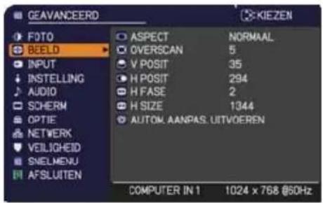 GEAVANCEERD FOTO BEELD INPUT INSTALLING AUDIO SCHERM OPTIE NETWORK VEILIGHEID SNELMENU AFSLUITEN ASPECT NORMAAL OVERSCAN 5 V POSIT 35 H POSIT 294 H FASE 2 H SIZE 1344 AUTOM. AANPAS. UITVOEREN COMPUTER IN 1 1024 x 768 @60Hz