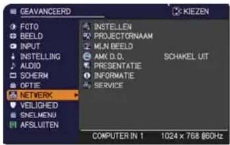 GEAVANCEERD FOTO BEELD INPUT INSTALLING AUDIO SOHERM OPTIE NETWORK VEILIGHEID SNELMENU AFSLUITEN INSTELENN PROJECTORNAAM MLN BEELD AMX D.D. PRESENTATIE INFORMATIE SERVICE SCHAKEL UIT COMPUTER IN 1 1024 x 768 @60Hz
