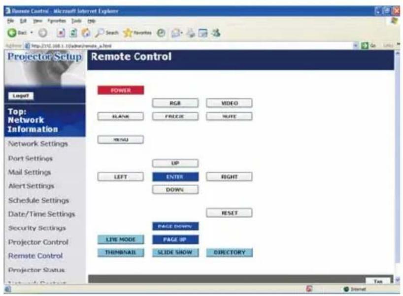Remote Control - Microsoft Internet Explorer File Edit View Favorites Tools Help Back Search Favorites Projector Setup Projector Setup Local! Top: Network Information Network Settings Port Settings Mail Settings Alert Settings Schedule Settings Date/Time Settings Security Settings Projector Control Remote Control Projector Status Power RGB VIDEO Blank FREE HUTE MENU UP LEFT ENTER RIGHT DOWN RESET PAGE DOWN LIVE MODE PAGE UP THEMINAIL SLIDE SHOW DIRECTORY Test