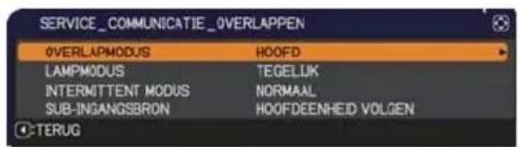 SERVICE_COMMUNICATIE_0VERLAPPEN OVERLAPMODUS HOOFD LAMPMODUS TEGELUK INTERMITTENT MODUS NORMAAL SUB-INGANGSSRON HOOFDEENHEID VOLGEN TERUG