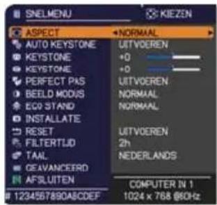 SNELMENU KIEZEN ASPECT NORMAAL AUTO KEYSTONE +0 KEYSTONE +0 KEYSTONE PERFECT PAS UITVOEREN BEELD MODUS NORMAAL ECO STAND NORMAAL INSTALLATE RESET UITVOEREN FILTERLID 2h TAAL NEDERLANDS GEAVANCEORD AFSLUITEN COMPUTER IN 1 1234567890A8CDEF 1024 x 768 @6Hz