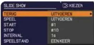 SLIDE SHOW KIEZEN TERUG UITVOEREN SPEEL UITVOEREN START #1 STOP #10 INTERVAL 1s SPEELSTAND EEN KEER