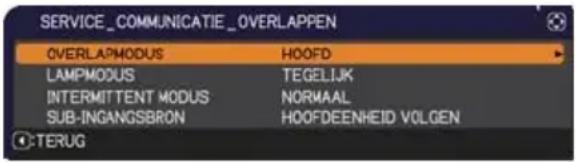 SERVICE_COMMUNICATIE_OVERLAPPEN OVERLAPMODUS HOOFD LAMPMODUS TEGELIJK INTERMITTENT MODUS NORMAAL SUB-INGANGSBRON HOOFDEENHEID VOLGEN TERUG