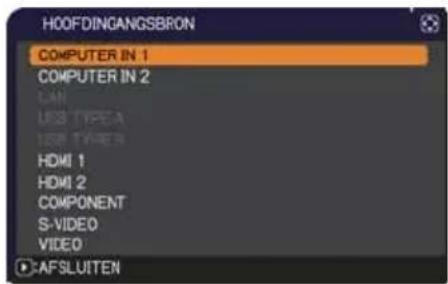 HOOFDINGANGSBRON COMPUTER IN 1 COMPUTER IN 2 CAM USB TYPE-A USB TYPE-B HDMI 1 HDMI 2 COMPONENT S-VIDEO VIDEO AFSLUITEN