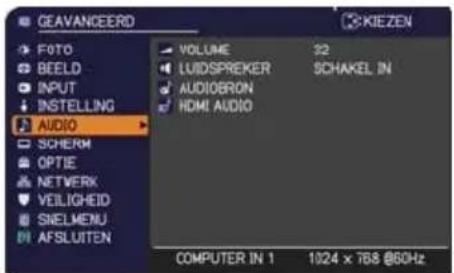 GEAVANCEERD FOTO BEELD INPUT INSTALLING AUDIO SCHERM OPTIE NETWORK VEILIGHEID SNELMENU AFSLUITEN VOLUME 22 LUIDSPREKER SCHAKEL IN AUDIOBRON HDMI AUDIO COMPUTER IN 1 1024 x 768 @60Hz
