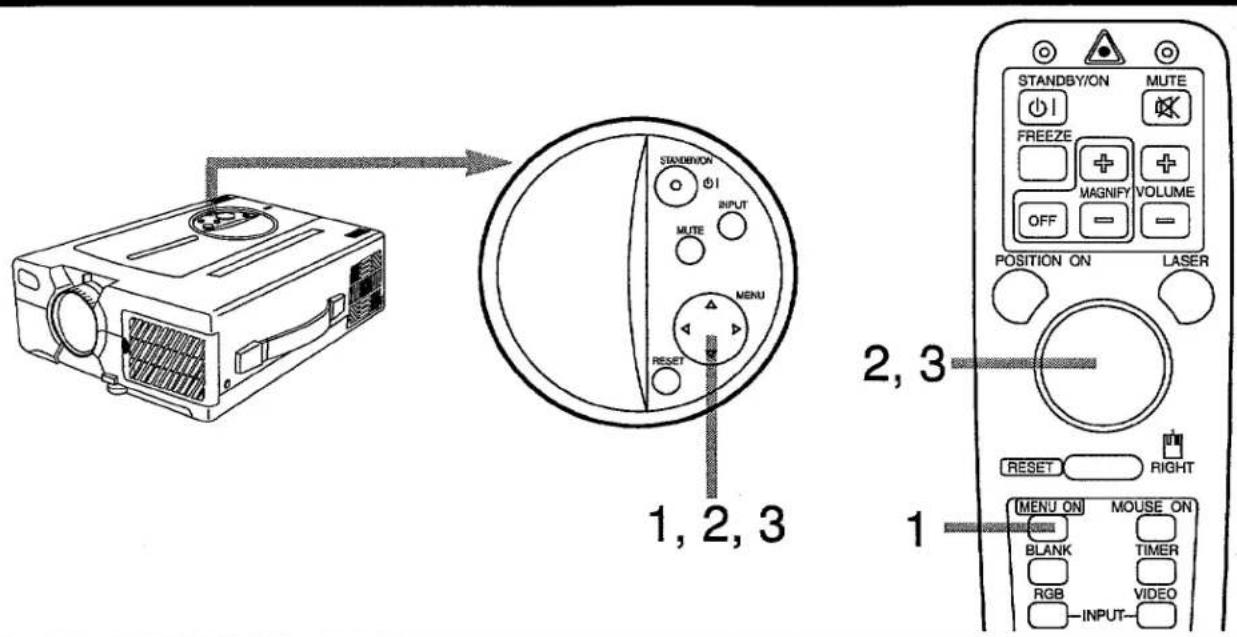STANDBY/ON MUTE INPUT MUTE MENU RESET 1, 2, 3 2, 3 POSITION ON LASER RESET RIGHT MENU ON MOUSE ON BLANK TIMER RGB VIDEO INPUT