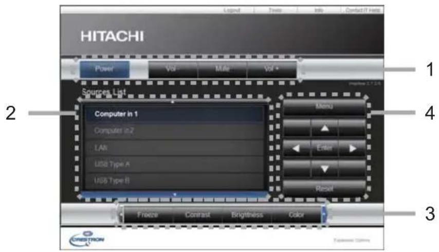 HITACHI Power Vol - Mate Vol + Sources List Computer In 1 Computer In Z LAN USB Type A USB Type B Menu Enter Reset Freeze Contrast Brightness Color CREDITAGON 1 2 3 4