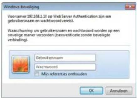 Windows-beveiliging Voorserver 192.168.1.16 op Web Server Authentication zijn een gebruikersnaam en wachtwoord vereist. Waatschuwing: uw gebruikersnaam en wachtwoord worden op een onvilige manier verzonden (bassverificatie zonder beveiligte verbinding). Gebruikersnaam wachtwoord Mijn referenties onthouden OK Annuilleren