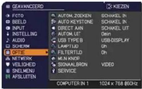 GEAVANCEERD FOTO BEELD INPUT INSTALLING AUDIO SCHERM OPTIE NETWORK VEILIGHEID SNELMENU AFSLUITEN AUTOM.ZOEKEN AUTO KEYSTONE DIRECT AAN AUTOM.UT USB TYPE B LAMPTIJD FILTERTIJD MLN KNOP SIGNAALBRON SERVICE SCHAKEL IN SCHAKEL IN SCHAKEL UIT 0min USB-DISPLAY 0h 0h VIDEO 1024 x 768 @60Hz