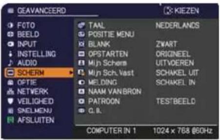 GEAVANCEERD FOTO BEELD INPUT INSTALLING AUDIO SCHERM OPTIE NETWORK VEILIGIED SNELMENU AFSLUITEN TAAL POSITIE MENU K1 BLANK OPSTARTEN Mijn Scherm Mijn Sch. Vast MELDING NAAM VANBRON PATROON G.B. NEDERLANDS ZWART ORIGNEEL UITVOEREN SCHAKEL UIT SCHAKEL IN TESTBEELD COMPUTER IN 1 1024 x 768 @60Hz