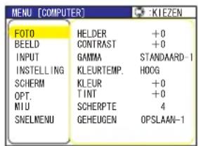 MENU [COMPUTER] FOTO HELDER +0 BEELD CONTRAST +0 INPUT GAMMA STANDAARD-1 INSTALLING KLEURTEMP. HOGG SCHERM KLEUR +0 OPT TINT +0 MIU SCHERPTE 4 SNELMENU GEHEUGEN OPSLAAN-1