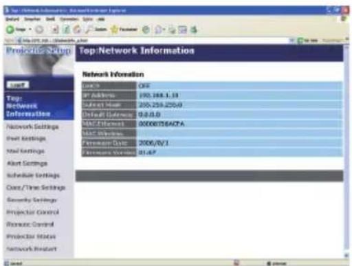 Top/Network Information Project Setup: Top/Network Information Project Top/Network Information Network Settings Front Settings Mail Settings Alert Settings Schedule Settings Data/Time Settings Security Settings Projector Control Resource Control Projector Status Network Product Network Information OFF AP Address 192.188.1.13 Subnet Sheet 205-206-206.0 Default Settency 0.0.0.0 MAC Direction 000001756ACZA MAC Windows Parameters Date 2006/05/1 Parameters Version 01-07