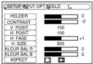SETUP INPUT OPT.BEELD HELDER 0 CONTRAST -2 V POSIT 100 H POSIT 100 H FASE +1 H SIZE 800 KLEUR BAL R 0 KLEUR BAL B 0 ASPECT