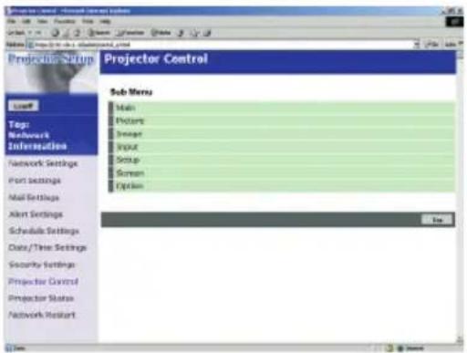 Projector Setup Projector Control Sub Menu Main Picture Image Input Setup Screen Options Menu