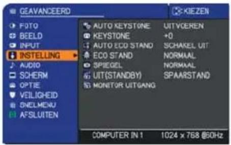 GEAVANCEERD FOTO BEELD INPUT INSTALLING AUDIO SCHERM OPTIE VEILIGEID SNELMENU AFSLUITEN AUTO KEYSTONE KEYSTONE AUTO ECO STAND ECO STAND SPIEGEL UIT(STANDBY) MONITOR UITGANG UIT VOEREN +0 SCHAKEL UIT NORMAAL NORMAAL SPAARSTAND COMPUTER IN 1 1024 x 768 @50Hz