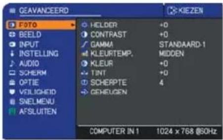 GEAVANCEERD FOTO BEELD INPUT INSTEILLING AUDIO SCHERM OPTIE VEILIGHEID SNELMENU AFSLUITEN Helder CONTRAST GAMMA KLEURTEMP. KLEUR TINT SCHERPTE GEHEUGEN +0 +0 STANDAARD-1 MIDDEN +0 +0 4 COMPUTER IN 1 1024 x 768 @50Hz