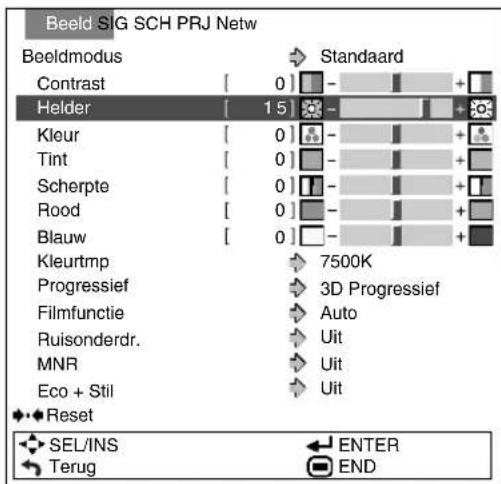 Beeld SIG SCH PRJ Netw Beeldmodus Standaard Contrast [ 0 ] - + Helder [ 15 ] Kleur [ 0 ] - + Tint [ 0 ] - + Scherpte [ 0 ] - + Rood [ 0 ] - + Blauw [ 0 ] - + Kleurtmp 7500K Progressief 3D Progressief Filmfunctie Auto Ruisonderdr. Uit MNR Uit Eco + Stil Uit Reset SEL/INS ENTER Terug END
