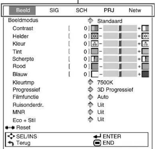 Beeld SIG SCH PRJ Netw Beeldmodus Contrast Helder Kleur Tint Scherpte Rood Blauw Kleurtmp Progressief Filmfunctie Ruisonderdr. MNR Eco + Stil Reset SEL/INS Terug Standaard 0 0 0 0 0 0 7500K 3D Progressief Auto Uit Uit Uit ENTER END