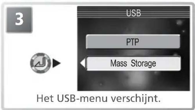 3 USB PTP Mass Storage Het USB-menu verschijnt.