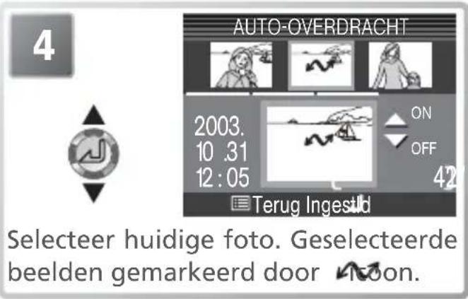 4 AUTO-OVERDRACHT 2003. 10.31 12:05 ON OFF 42 Terug Ingestid Selecteer huidige foto. Geselecteerde beelden gemarkeerd door noon.