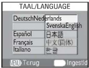 TAAL/LANGUAGE DeutschNederlands SvenskaEnglish Español 日本語 Français 中文(简体) Italiano 正音 MENU Terug Ingestid