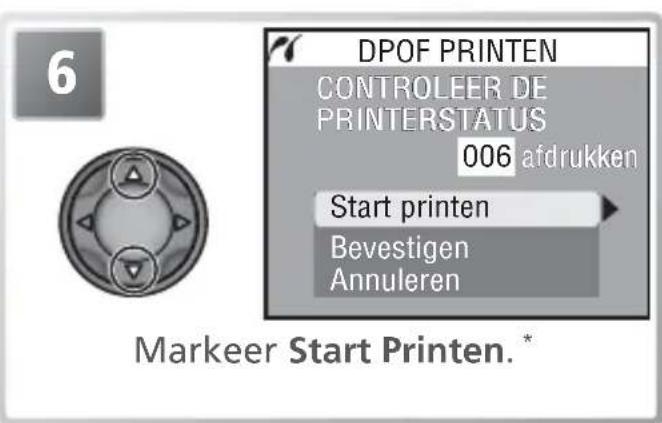 DPOF PRINTEN CONTROLEER DE PRINTERSTATUS 006 afdrukken Start printen Bevestigen Annuleren 6 Markeer Start Printen.*