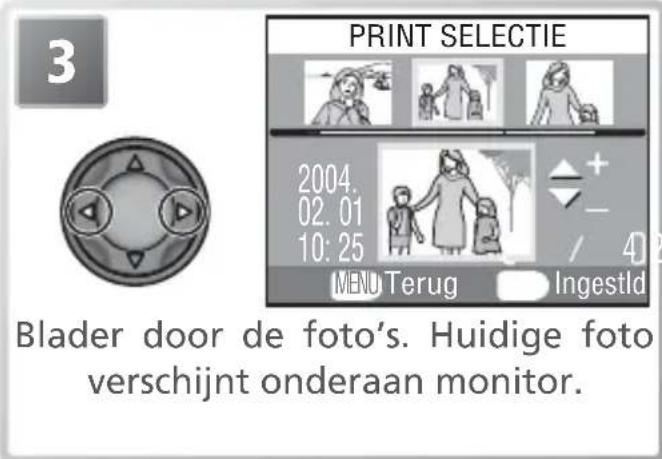 3 PRINT SELECTIE 2004. 02. 01 10: 25 MENU Terug Ingestld Blader door de foto's. Huidige foto verschijnt onderaan monitor.