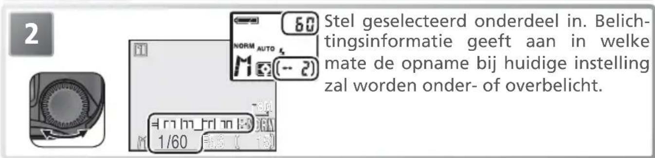 2 Stel geselecteerd onderdeel in. Belichtingsinformatie geeft aan in welke mate de opname bij huidige instelling zal worden onder- of overbelicht. 60 NORM AUTO M (- 2) = 1/60 1/60