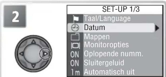 2 SET-UP 1/3 Taal/Language Datum Mappen Monitoropties ON Oplopende numm. ON Sluitergeluid 1m Automatisch uit