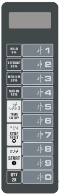 HOLD 0% DEFROST 20% MEDIUM 50% MED-HI 70% TIME ENTRY STOP RESET START 1 QTY 2K 1 2 3 4 5 6 7 8 9 0