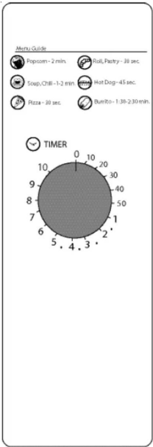 Menu Guide Popcorn - 2 min. Roll, Pastry - 30 sec. Soup, Chili - 1-2 min. Hot Dog - 45 sec. Pizza - 30 sec. Burrito - 1:30-2:30 min. TIMER