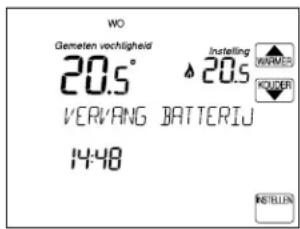 WO Gemeten vochligheid 20.5° ↑ 20.5 VEVANG BATTERIU 14:48 Instelling MINIUS KUDER RETELLIN